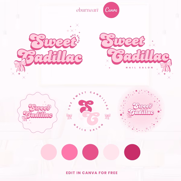 Editable Logo Design Canva - Editable Retro Logo Design - Trendy Pink Retro Logo - Pink Bow Ribbons Sparkles Logo - Coquette Aesthetic Logo